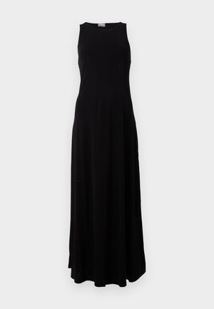 Robe maxi sans manches noire avec un col rond, une silhouette fluide, une texture douce et sans motifs ni embellissements visibles.
