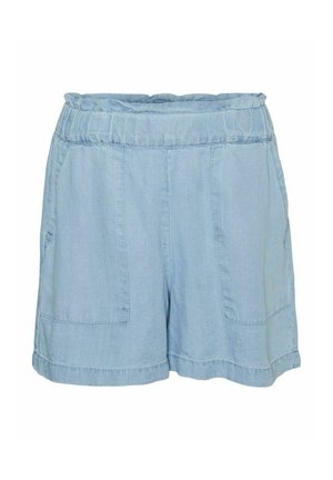 Hellblaue Denim-Shorts mit elastischem Bund, zwei Fronttaschen und lockerer Passform. Weicher Stoff, gesäumte Kanten.