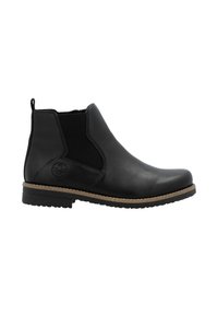 Bottine en cuir noir avec des panneaux latéraux élastiques, bout rond, semelle en caoutchouc texturée et couture décorative le long du bord.