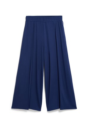 Marineblauwebroek met wijde pijpen, gemaakt van een soepel, rekbaar stof; voorzien van een platte tailleband met plooien voor extra volume en een losse pasvorm.