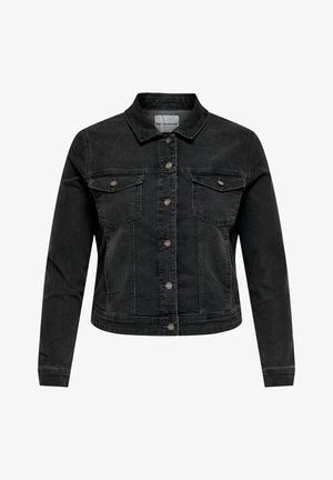 Svart denimjakke med krage, lange ermer, knappelukking og to brystlommer. Har en klassisk passform og robust stoff.