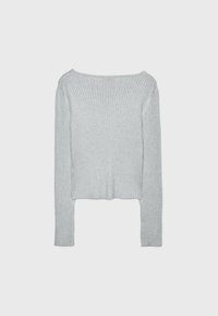 Hellgraues, geripptes Langarmoberteil mit Bootsausschnitt und gekürztem Saum, mit weicher Textur und figurbetontem Design.