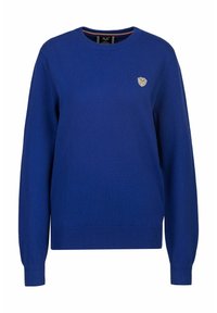 Blauer Rundhals-Pullover aus Strickstoff. Verfügt über lange Ärmel, gerippte Bündchen und Saum sowie ein kleines Logo-Patch auf der Brust.