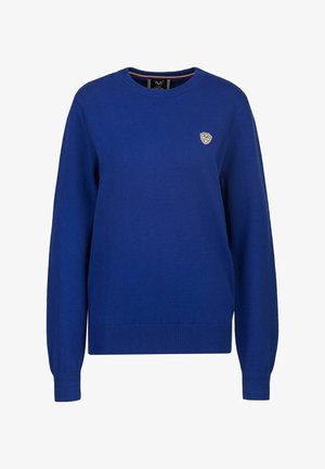 Blauer Rundhals-Pullover aus Strickstoff. Verfügt über lange Ärmel, gerippte Bündchen und Saum sowie ein kleines Logo-Patch auf der Brust.