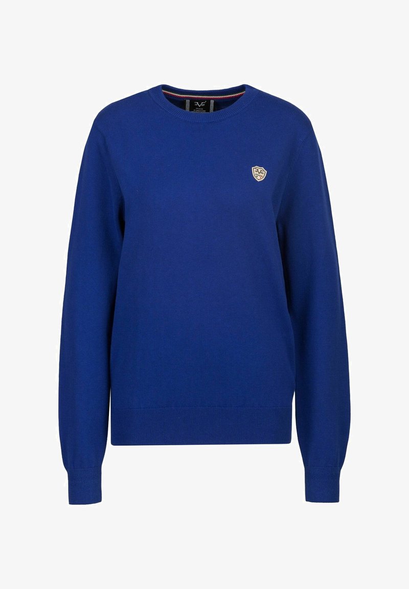 Blauer Rundhals-Pullover aus Strickstoff. Verfügt über lange Ärmel, gerippte Bündchen und Saum sowie ein kleines Logo-Patch auf der Brust.
