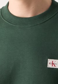 Gros plan sur l'encolure d'un sweat-shirt vert avec un col côtelé et un petit patch blanc affichant le logo rouge "CK" et "Calvin Klein".