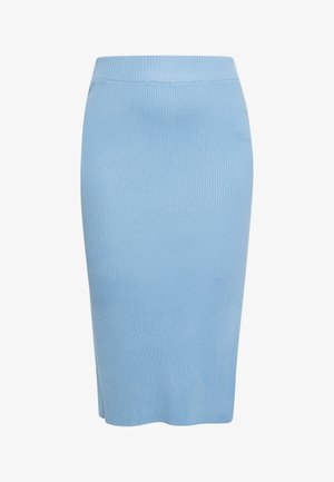 Lichtblauwe geribbelde gebreide kokerrok met een middelhoge tailleband en een aansluitende pasvorm, met een zachte textuur en een ontwerp tot de knie.