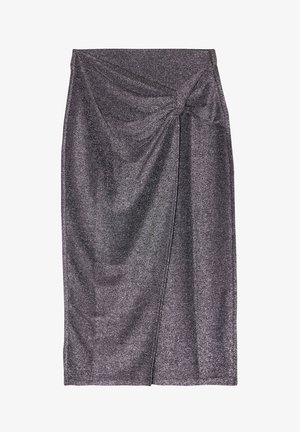 Metallic harmaa kynähame, jossa on kierretty etuosan yksityiskohta, valmistettu tekstuurista, kiiltävästä kankaasta. Hameessa on puolipitkä muoto ja sivureikä.