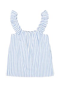 Hellblau-weiß gestreifter Tanktop mit Rüsche an den Schulterträgern und gerafftem Stoff an der Vorderseite. Hergestellt aus atmungsaktivem Material.