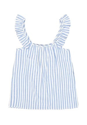 Hellblau-weiß gestreifter Tanktop mit Rüsche an den Schulterträgern und gerafftem Stoff an der Vorderseite. Hergestellt aus atmungsaktivem Material.