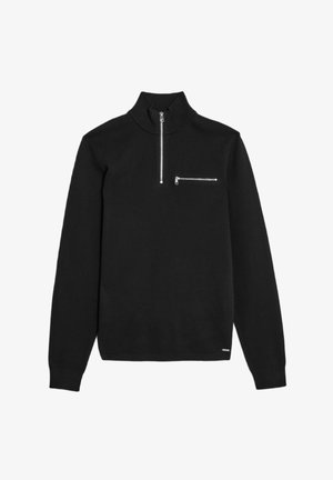 Zwarte longsleeve pullover met een hoge kraag, een ritssluiting tot een kwart aan de voorkant en een kleine ritszak op de borst. Gemaakt van een gladde, zachte stof.