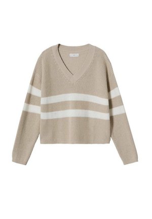 Beżowy sweter dziany z dekoltem w serek i dwoma białymi poziomymi paskami na piersi i rękawach, długie rękawy oraz ściągacze przy mankietach i dole.