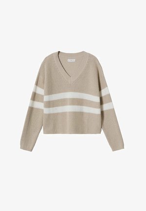 Beige striktrøje med V-hals og to hvide vandrette striber over brystet og ærmerne, lange ærmer samt ribkant ved ærmer og nederst.
