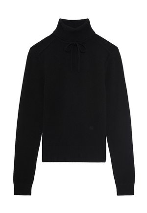 Maglione nero a maglia con colletto alto e lacci. Presenta polsini e orlo a coste, con un logo discreto sulla parte frontale. Texture liscia.