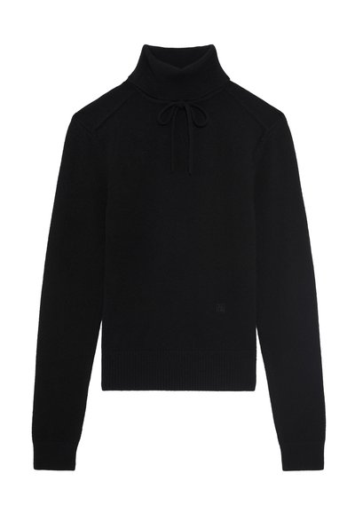 Suéter negro de punto con un cuello alto y cordones. Presenta puños y dobladillo acanalados, además de un logo sutil en el frente. Textura suave.
