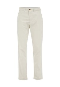Pantaloni in cotone beige con design a gamba dritta, dotati di zip sul davanti, tasche anteriori e chiusura con un solo bottone. Texture liscia.