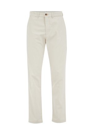 Pantaloni in cotone beige con design a gamba dritta, dotati di zip sul davanti, tasche anteriori e chiusura con un solo bottone. Texture liscia.