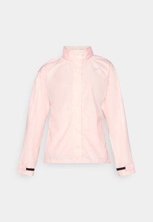 Helle rosa, wasserdichte Jacke mit hohem Kragen, langen Ärmeln und schwarzen Akzenten an den Handgelenken. Verfügt über ein kleines weißes Logo im Brustbereich.