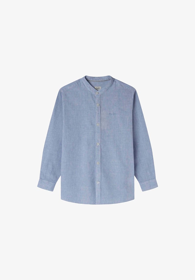 Mėlyna dryžuota ilgomis rankovėmis marškiniai su juostos apykakle, priekyje užsegami mygtukais, ir subtiliu siuvinėjimu ant krūtinės. Pagaminti iš medvilnės, minkšta tekstūra.