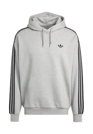Grey sweatshirt with a hood, featuring black stripes along the sleeves and a small black logo on the chest. Soft fabric, front pocket.