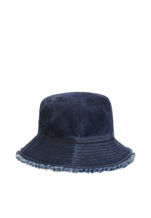 Dark blue corduroy bucket hat with frayed edge along the brim, displayed on a white background.