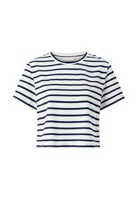 Bílý zkrácený T-shirt s námořnickými modrými vodorovnými pruhy, s krátkými rukávy a kulatým výstřihem, vyrobený z lehkého bavlněného materiálu.