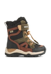 Must ja oliivroheline laste saabas kunstkarusnahast kraega, beežid detailid, tekstiilist ja kummist materjalid, paeltega sulgur, ning tugev tallaosa.