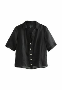 Zwarte linnen kortekraag shirt met een notch-kraag, een frontale knoopsluiting met zes lichtgekleurde knopen, en een losse pasvorm.