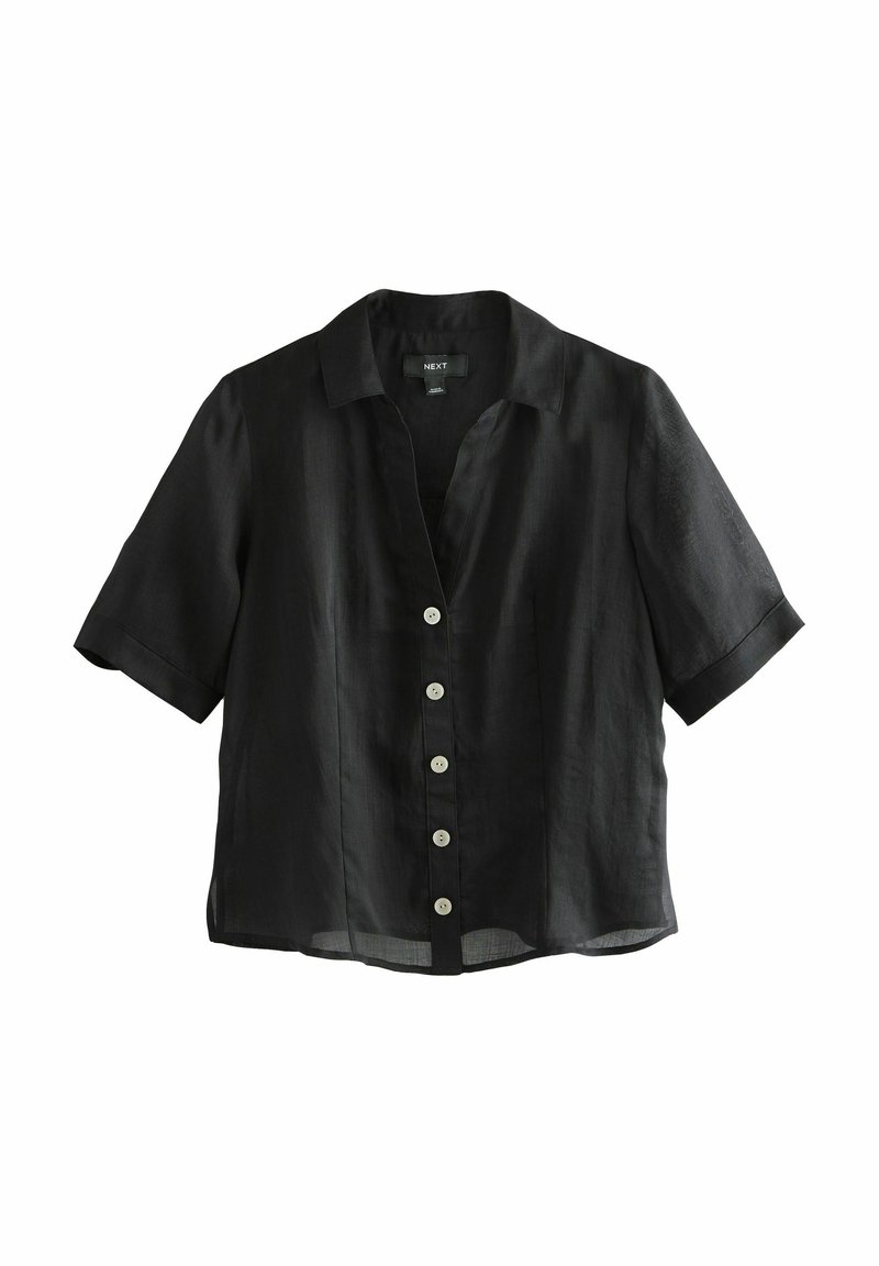 Zwarte linnen kortekraag shirt met een notch-kraag, een frontale knoopsluiting met zes lichtgekleurde knopen, en een losse pasvorm.