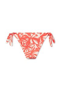 Bañador de bikini con estampado de corales que presenta cierres atados a los lados y un corte en forma de V, confeccionado en una tela suave y ligera con un diseño floral.