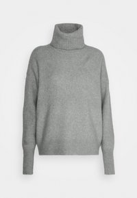 Grauer Rollkragenpullover aus weichem Stoff. Mit geripptem Hals- und Saumabschluss, entspannter Passform und überschnittenen Schultern.