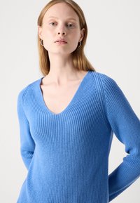 Maglione azzurro a maglia con scollatura a V, tessuto a costine, maniche lunghe e design aderente. Presenta una transizione senza cuciture sulle spalle.