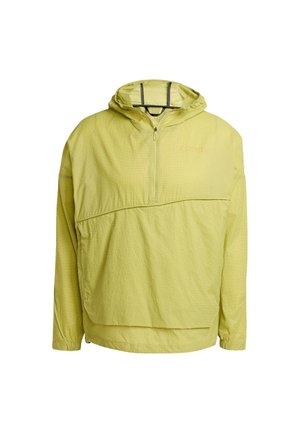 Veste-pull légère jaune clair avec capuche, dotée d'une demi-fermeture éclair, d'un tissu texturé et d'une coupe ample. Poche avant avec détail de couture horizontale.