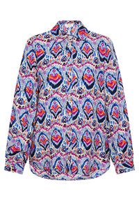 Camicia a maniche lunghe con colletto, caratterizzata da un vivace motivo di forme rosa, blu e arancioni su sfondo bianco. Tessuto leggero con bottoni.