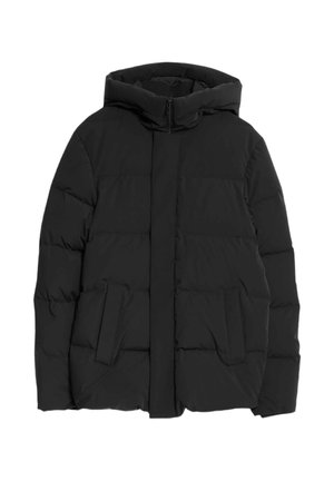 Schwarze Pufferjacke mit Kapuze, Frontreißverschluss, zwei Seitentaschen, gestepptem Material und geradem Schnitt. Leicht und isoliert.