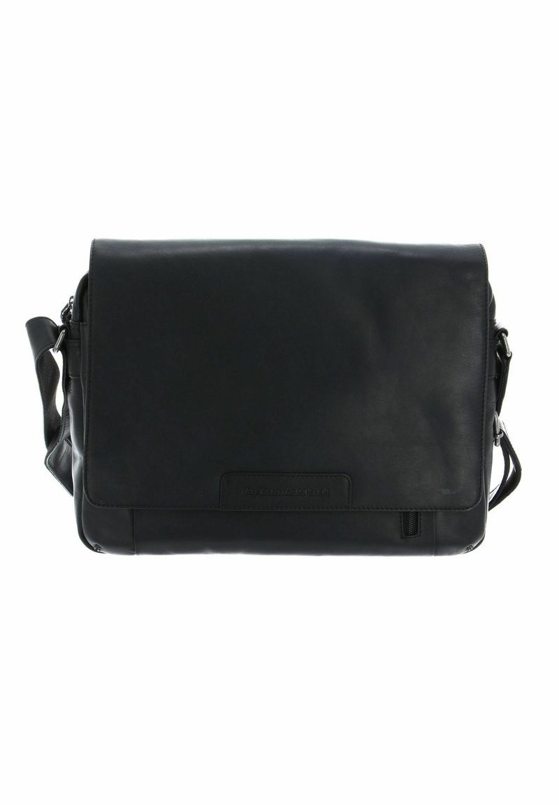 Borsa a tracolla in pelle nera con chiusura a patta, tracolla regolabile e tasca frontale con zip. Texture elegante e liscia in tutto il suo corpo.