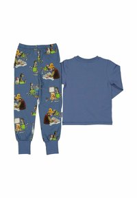 Barns tvådelade pyjamas med solid blå långärmad topp och mönstrade blå byxor som har illustrationer av en man och djur.