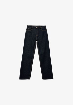 Dark denim wide-leg jeans with contrasting orange stitching, five pockets, and a traditional button and zipper closure.