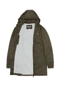 Olijfgroene, lichte jack met een capuchon, grijze binnenvoering, zijritszak en elastische manchetten. Heeft een minimalistisch ontwerp en label met logo.