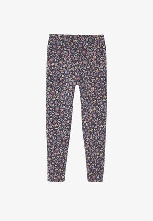 Floral leggings with a dark blue background, featuring a colorful floral pattern. Elastic waistband and slim fit design. Soft fabric texture.