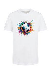 White cotton t-shirt featuring a colorful graphic of a soccer ball with splashes of blue, orange, and pink paint surrounding it.
