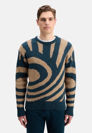 Knit sweater with a geometric swirl pattern in teal and beige. Features a ribbed crew neckline and cuffs, soft texture, and relaxed fit.