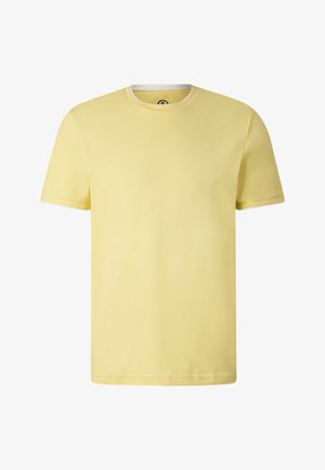 Prosty, jasnżółty T-shirt z krótkim rękawem i okrągłym dekoltem, z prostym dołem, bez widocznych logo czy wzorów.