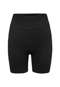 Black elastic high-waisted shorts made of soft fabric, featuring a smooth texture and cuffed hems.