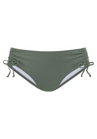 Oliwkowe bikini dolne z marszczonymi bokami, regulowanymi zapięciami i białymi akcentami wzdłuż boków. Gładka tekstura i dopasowany krój.
