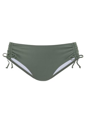 Bas de bikini vert olive avec des détails froncés sur les côtés, des liens ajustables et des accents blancs le long des côtés. Texture lisse et design ajusté.