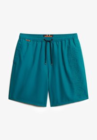 Aqua blauwe zwembroek met een elastische tailleband, trekkoordsluiting, zijzakken en een reliëf "SUPERDRY" logo op het linkerpoot.