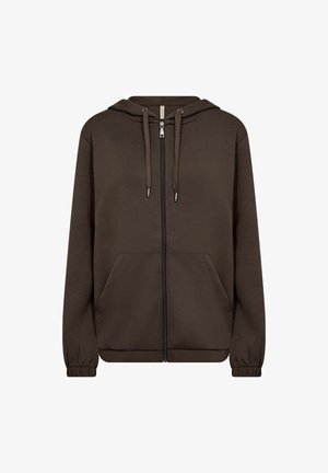 Sweat à zip marron en tissu doux, avec une capuche à cordon de serrage, deux poches avant et des poignets élastiques.