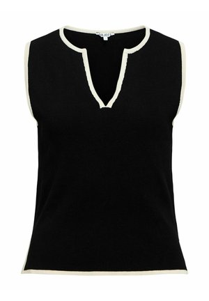 Melna bezroku tamborēta topiņa ar baltu apmali pie kakla, rokassprādžu un apakšmalas, ar izgrieztu V-veida izgriezumu.