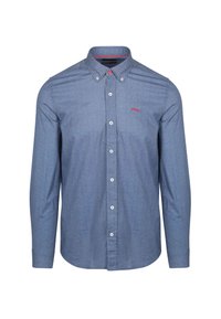 Lange mouw knoopshirt van donkerblauwe denimstof, met witte knopen en een klein rood logo op de linkerborst.
